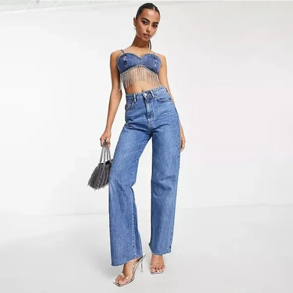 Miss Selfridge diamante fringe bralet in dark wash blue Cowboy Carter - Picture 5 of 8
